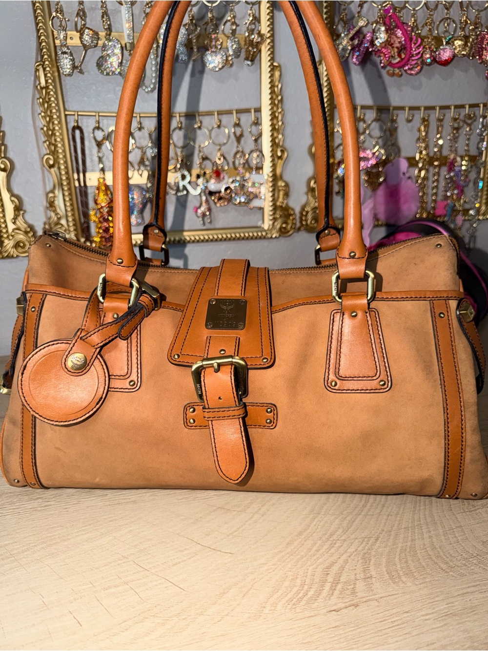 MCM Leather Satchel Handbag in Tan - Classic Structured Tote